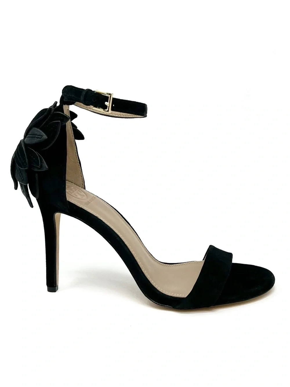 Tory Burch Jules Appliqué Floral Stilettos Size 9 Black Suede Sandals Heels EUC